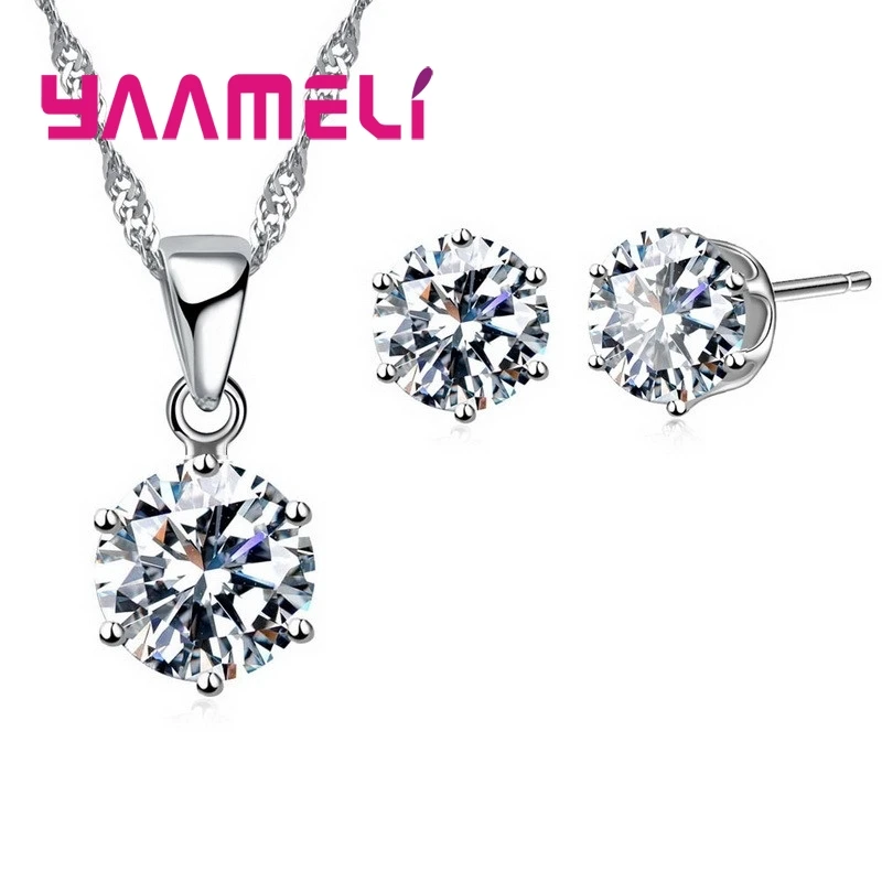 14 Colors 925 Sterling Silver Bridal Wedding Jewelry Sets For Women Engagement Crystal Pendant Necklace Stud Earrings Set 4