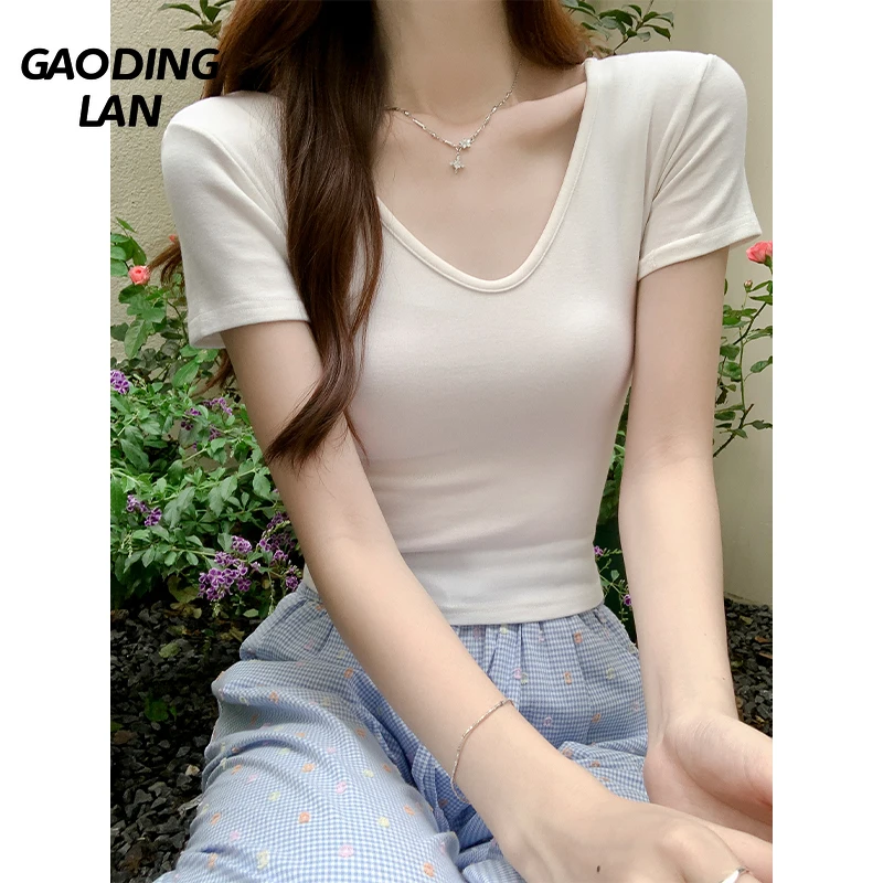 

Sexy Slim Waist Tight Women Cropped Tops Summer Short Sleeve Expose Navel Female T-shirts Y2k V Neck Solid Short Bottoming Tees