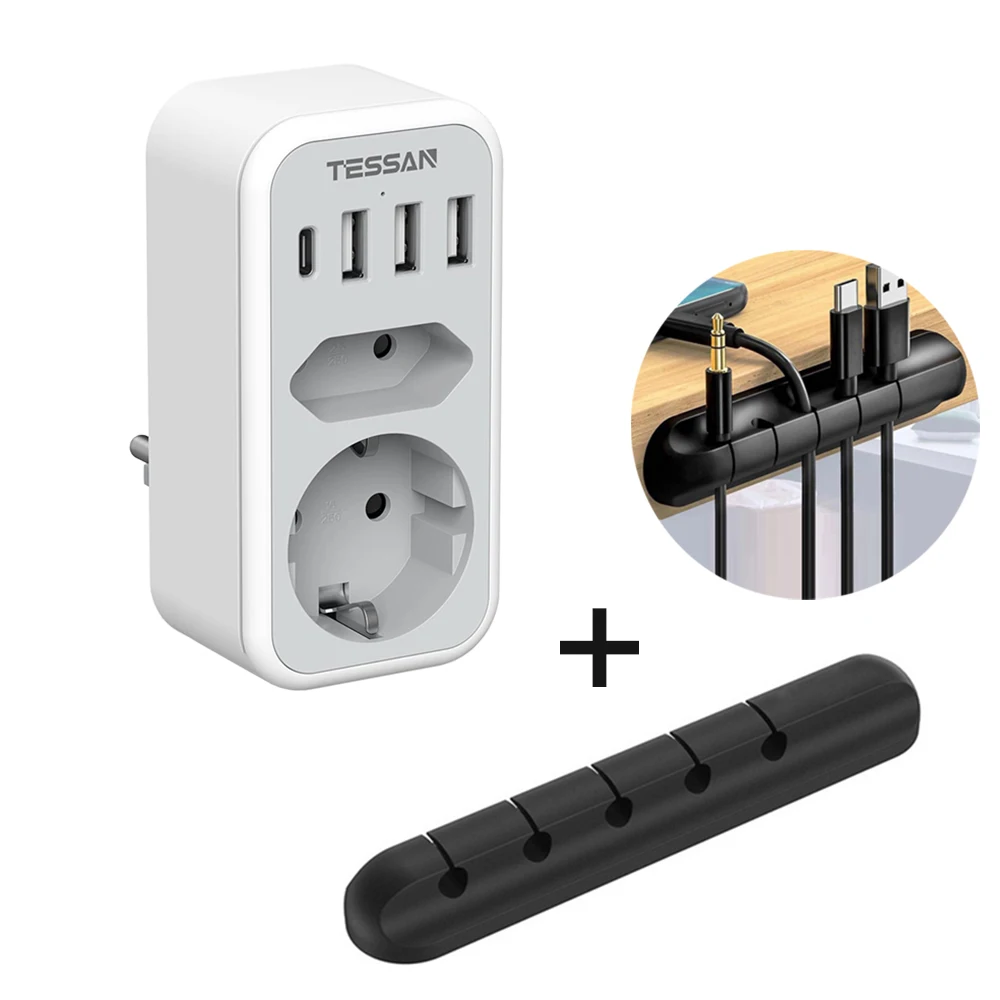 TESSAN-adaptador de enchufe doble con 2 enchufes, 3 puertos USB A y 1 enchufe  tipo