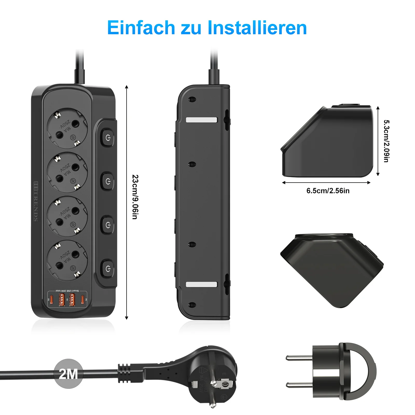 flat plug 90-degree desktop power strip with 4 AC outlets 2 USB 2 Type C PD20W fast charge EU power socket 3m cable for home 6
