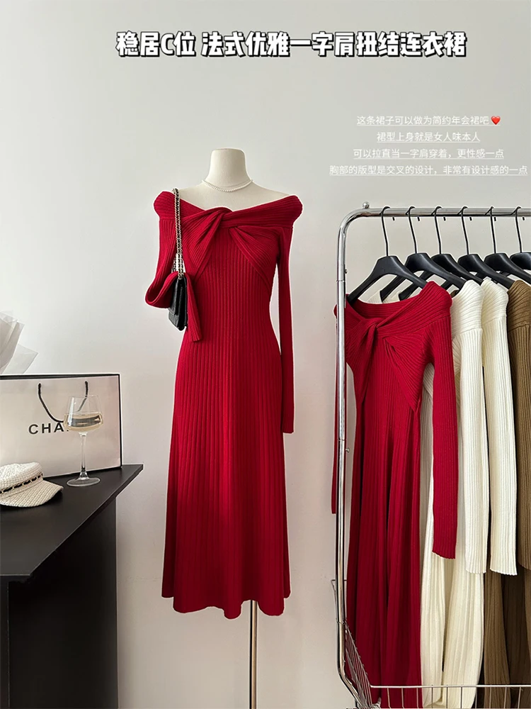 

French Elegance Slash Neck Fairy Dress Solid Fashion One-Piece Robe Party Prom Luxury 2000s Aesthetic Coquette Formal Occasion