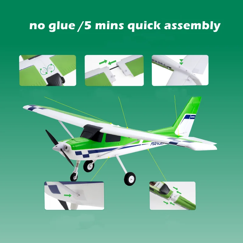 Avion RC PNP ou RTF vert sur fond blanc, vue de côté avec détails des stickers.
