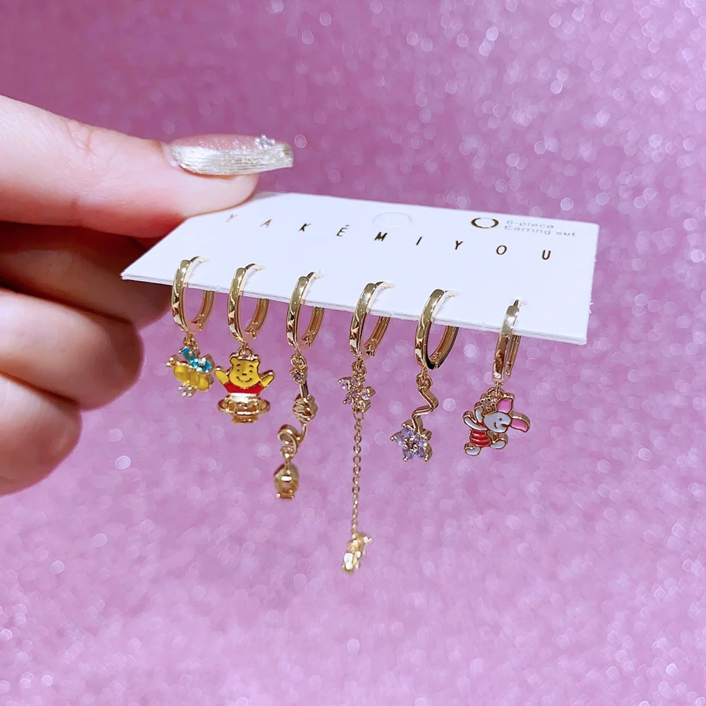 MIGGA 6pcs Mix and Match Cartoon Bear Pig Dangle Earrings Set Gold Color Cubic Zircon Women Jewelry 3