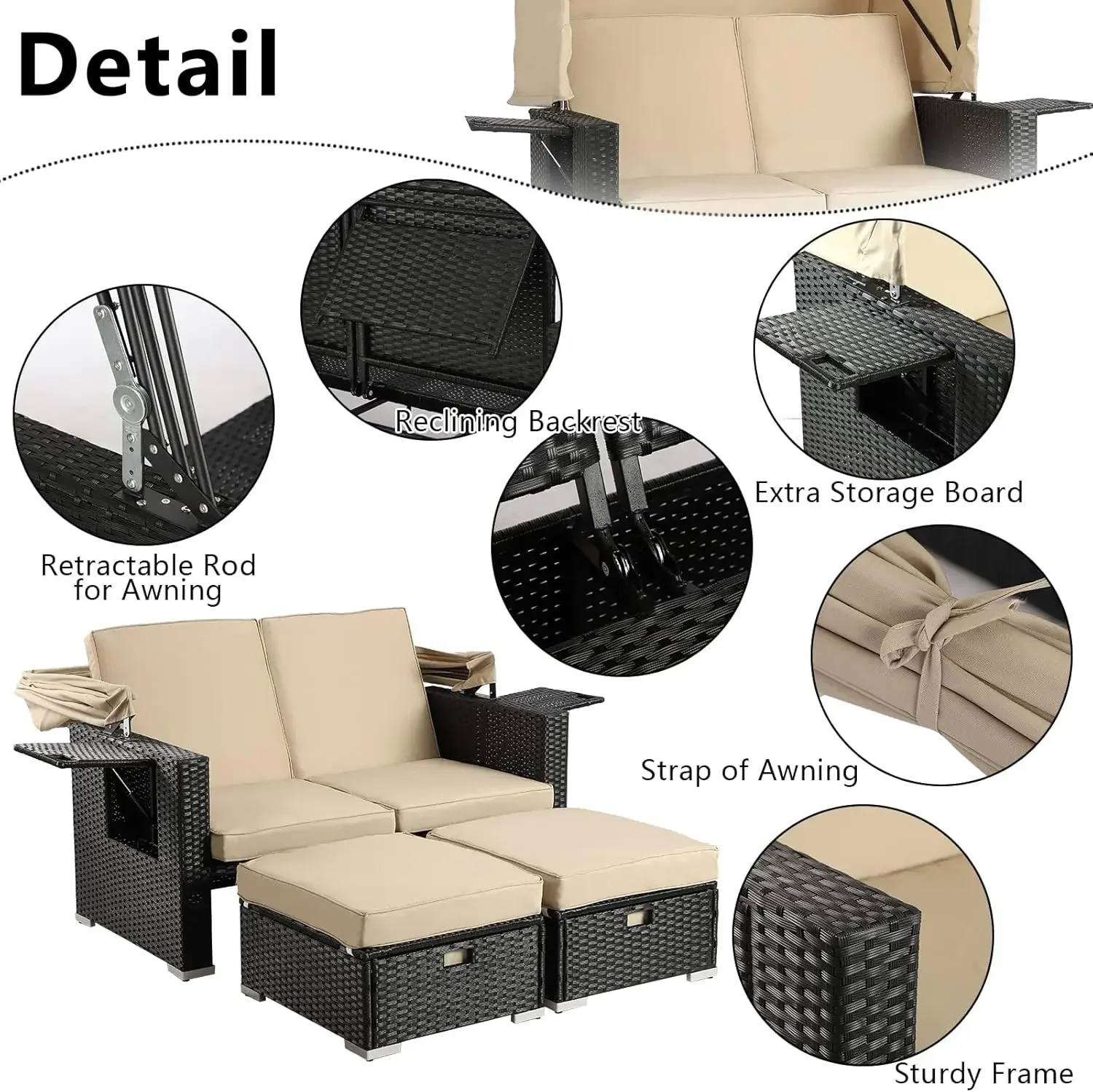 Retractable Canopy Wicker Outdoor Sofa Set with Ottoman 4