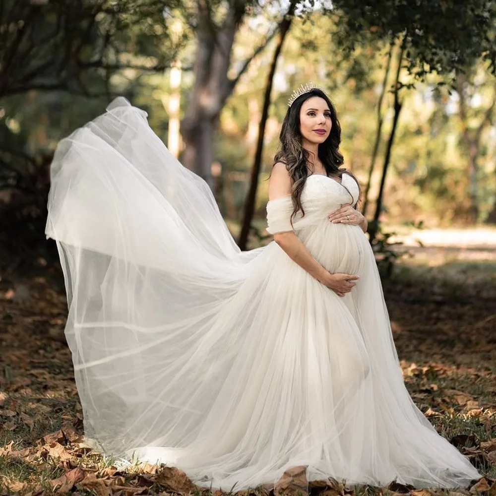 Tulle Sexy Pregnant Female Baby Shower Dresses Mesh Woman Pregnancy Photo Shooting Dress Long Maternity Photography Session Gown