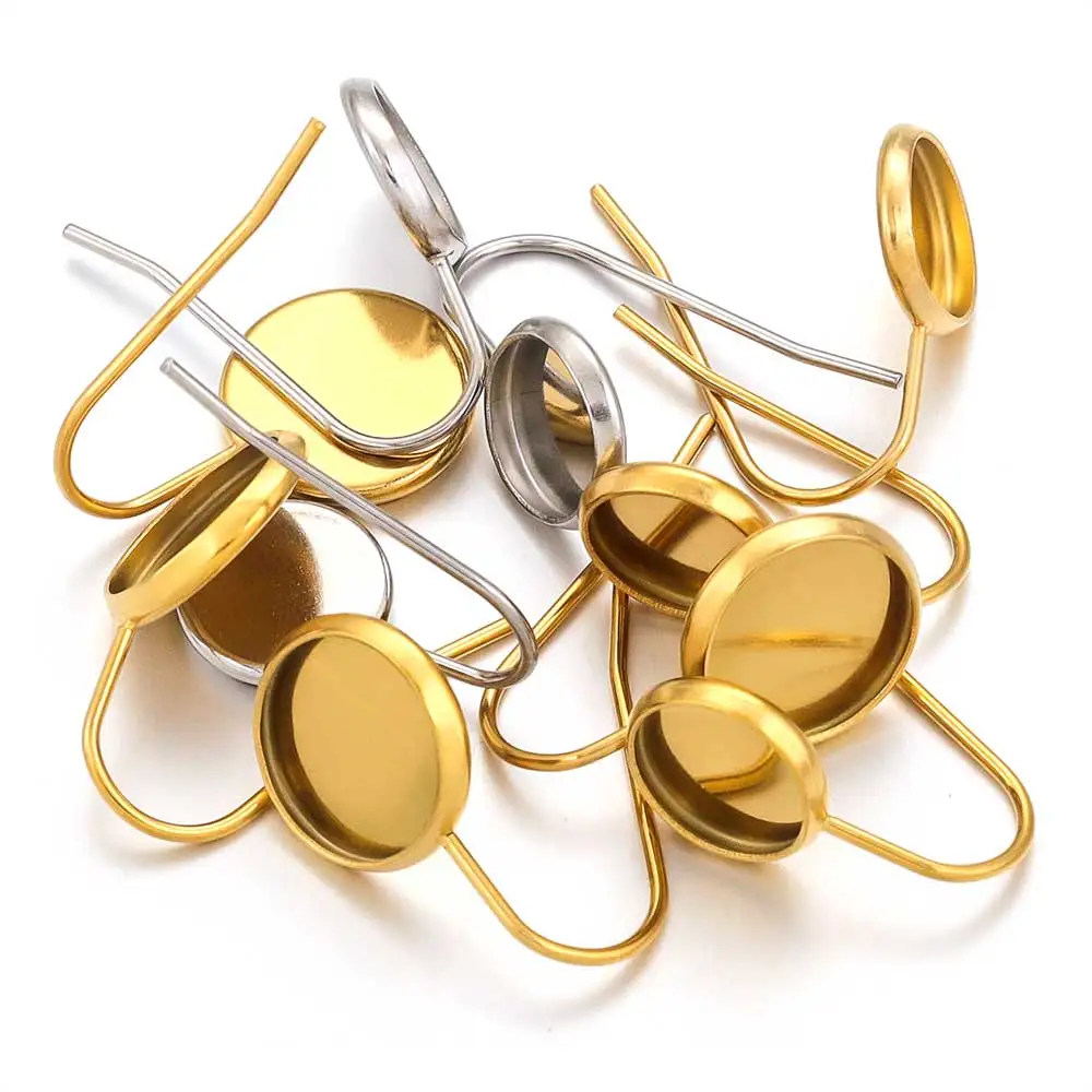 

10pcs Stainless Steel U-shaped Gold-plated Earrings Lever Back Cabal Round Tray for DIY Blank Base Jewelry Making Supplies