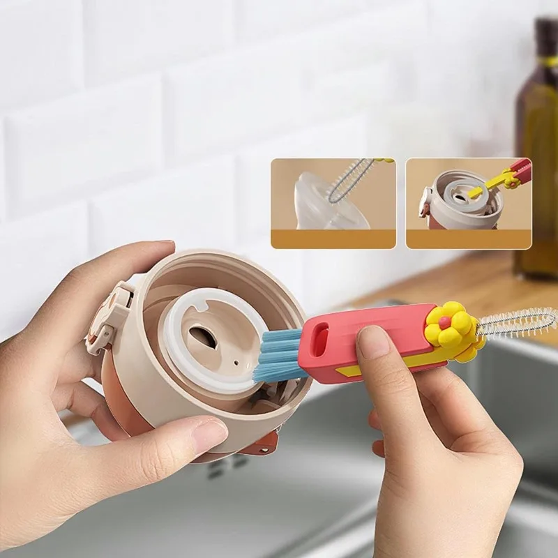 3 in 1 Cute Cup Lid Cleaner Brush Set Mini Cup Bottle Cleaning Brush Kitchen Washing Tool Mini Cleaner for Travel and Home