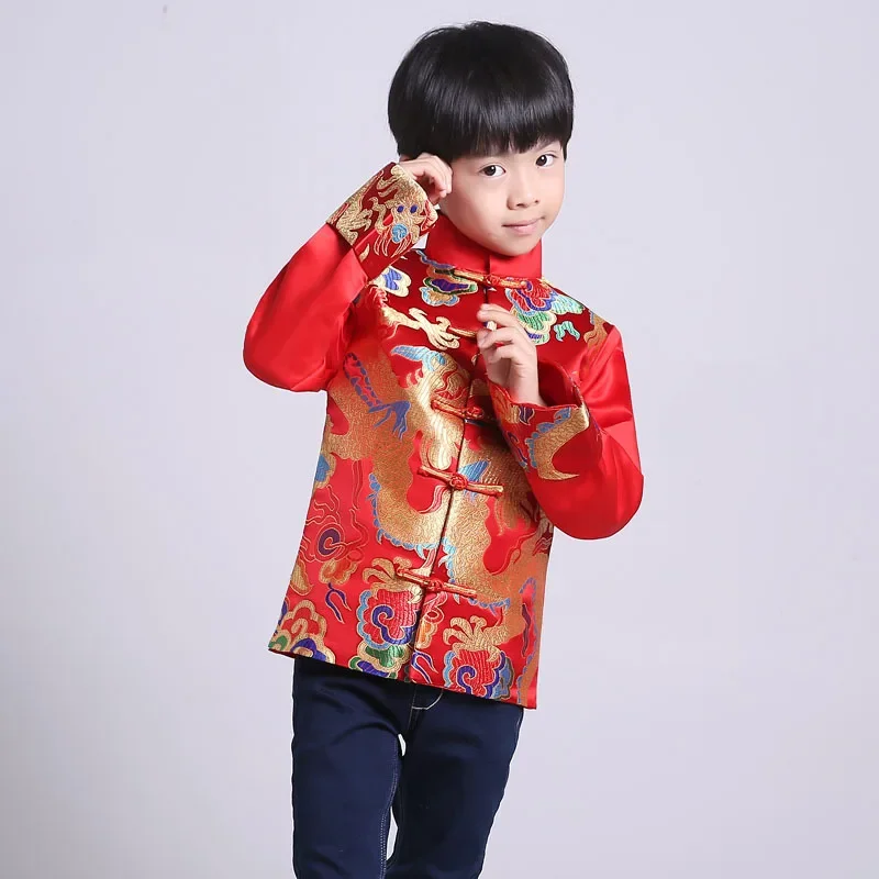Tang Suit Red Traditional Chinese Clothing for Men Kids Boy Hanfu Top New Year Outfit Dragon Print Coat Ancient Jacket for Child