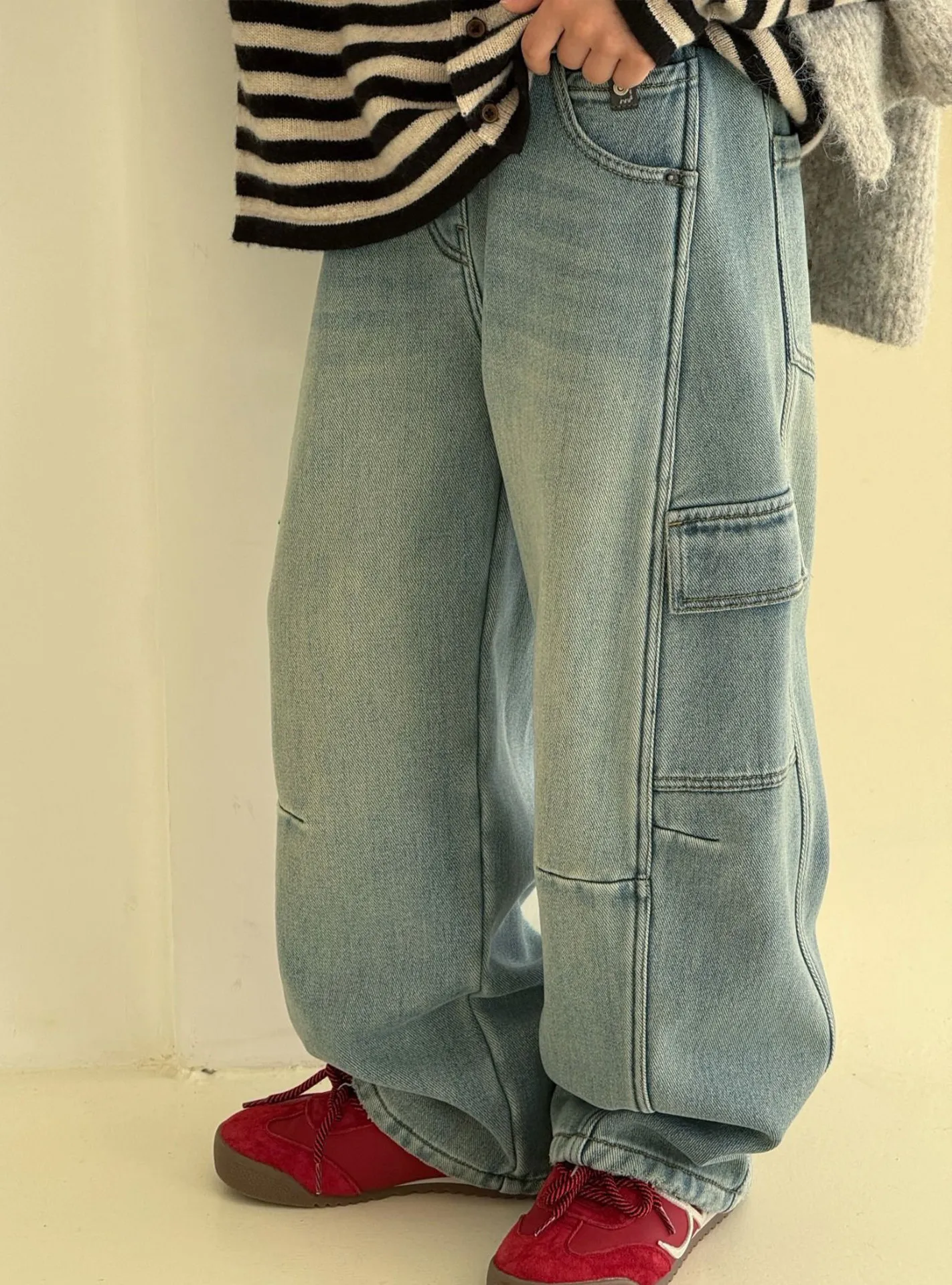 유니섹스 플리스 안감 와이드 레그 청바지 아동 겨울 의류 레트로 작업복 스타일 키즈 루즈핏 바지 남아 여아용