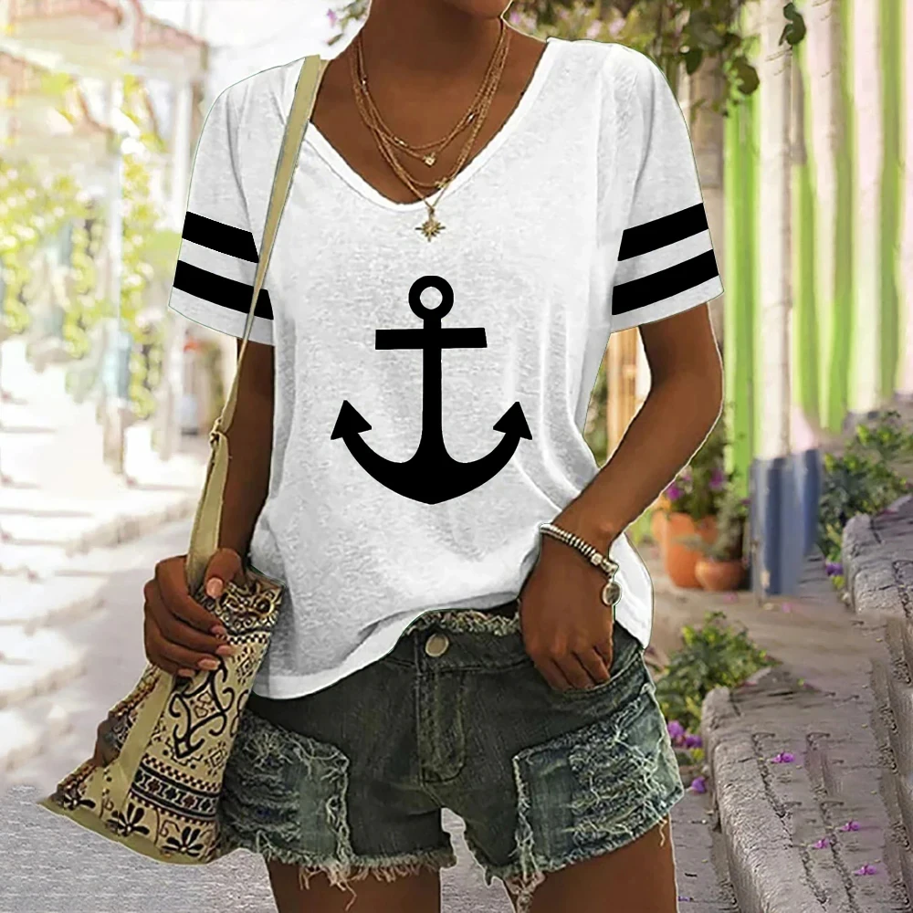 

Summer New Women T Shirt Anchor Graphic Clothing Casual Short Sleeves Pullover Tops V-Neck Women's Clothing Loose Streetwear