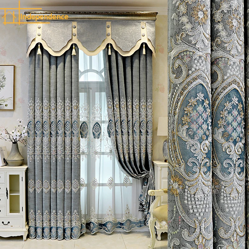 

European luxury living room balcony floor curtains upscale atmosphere Chenille shading bedroom embroidered curtain yarn new