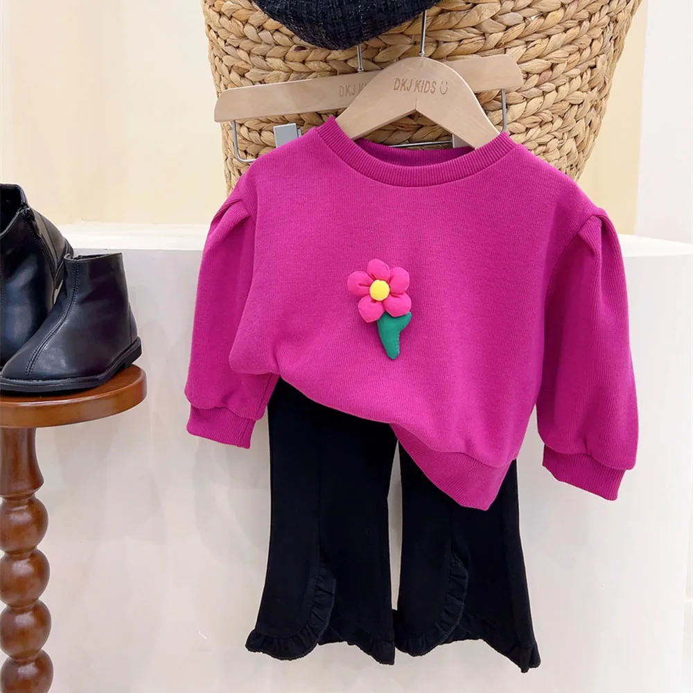 

2023 Autumn Baby Girls Sweatshirt Set Three Dimensional Small Flower Round Neck Long Sleeve T-shirt + Black Flared Pants 2Pcs