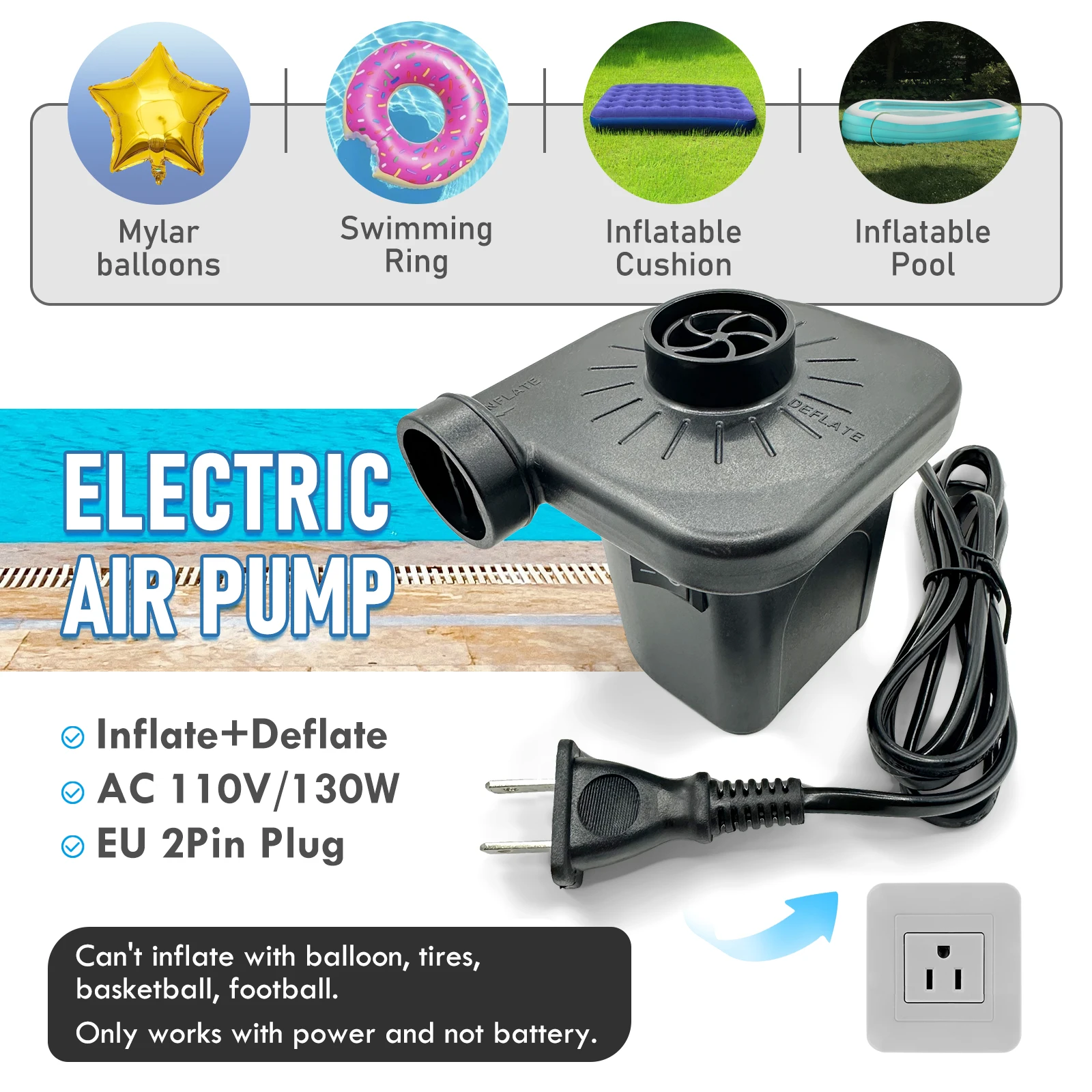 Air Pump for Inflatable,2-in-1 Quick-Fill Portable Electric Air Mattress Pump with 3 Nozzles,Fast Inflator/Deflator for Pool