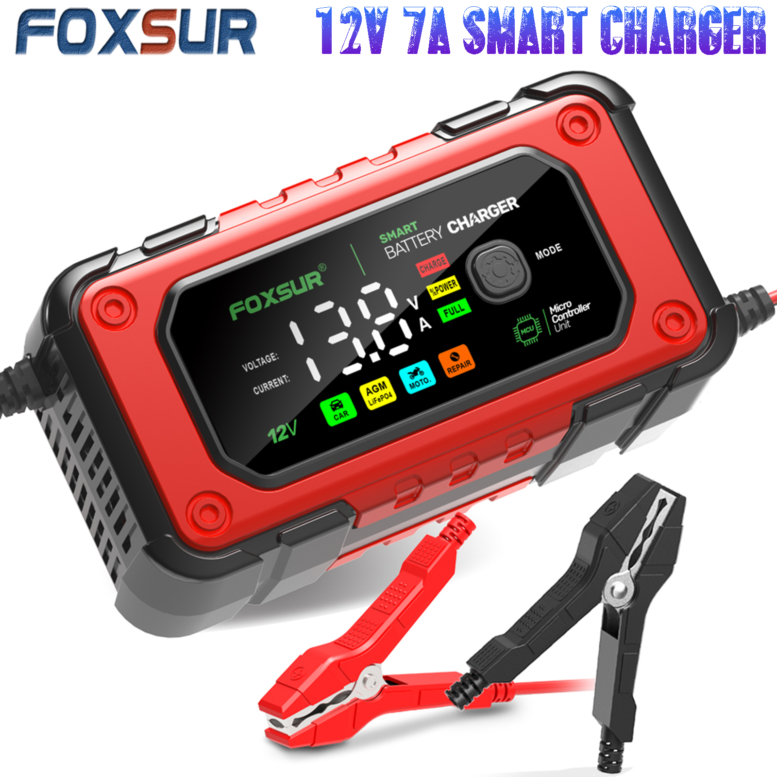 FOXSUR Smart Car Battery Charger for 12V 7A AGM GEL LiFePO4 Batteries Desulfator, Motocycle Fast Charging Maintainer with Repair