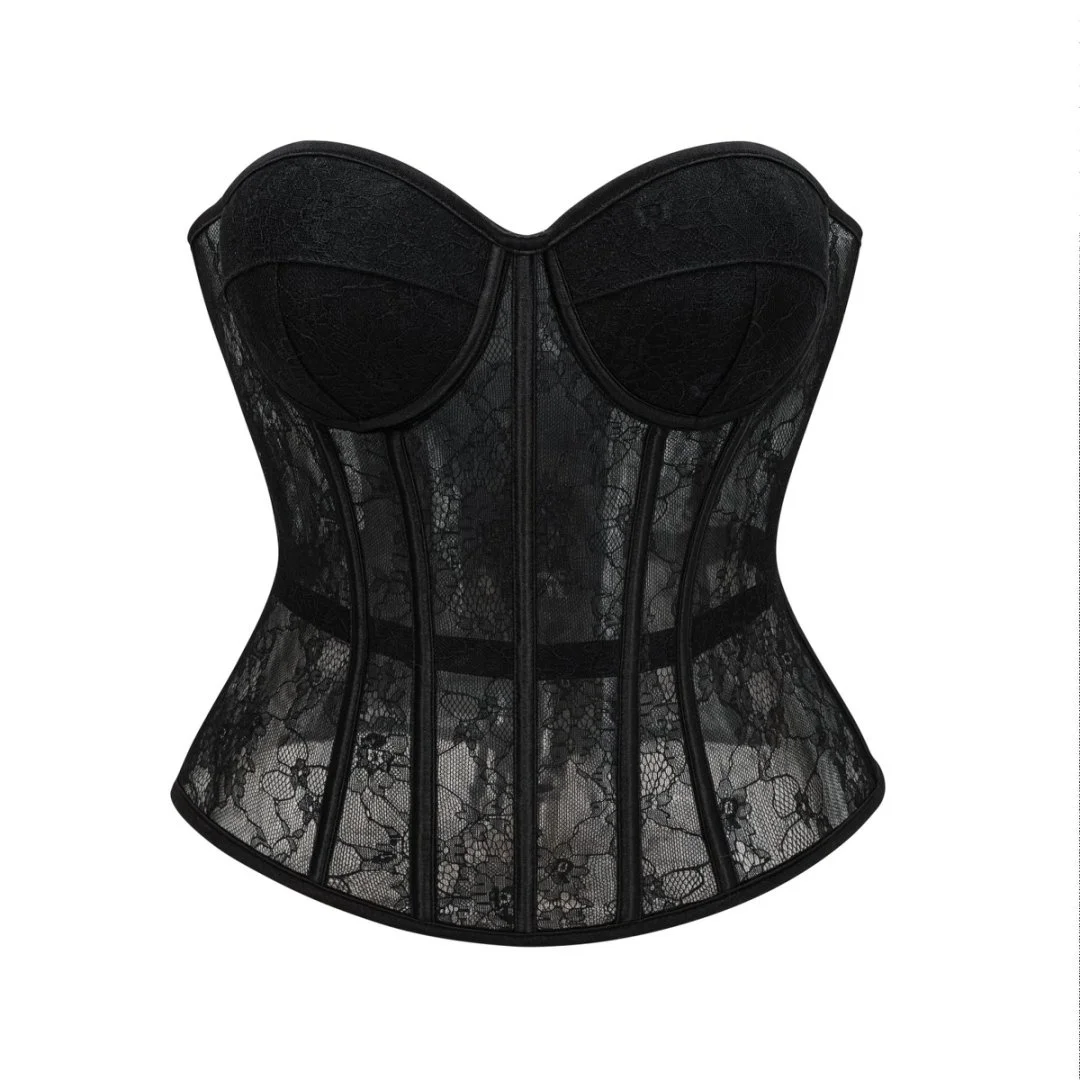 Black See Through Floral Lace Boned Push Up Cup Corset Lingerie Body Shaper Woman Bustier Crop Top Gothic Exotic Corsetto Nero