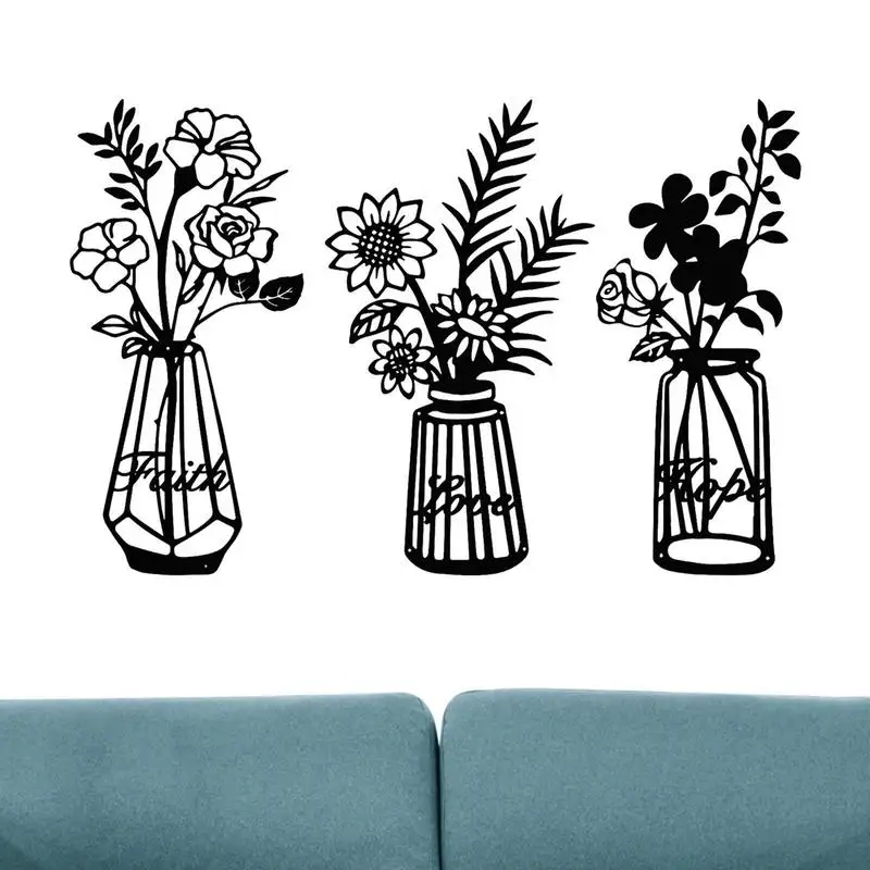 

Black Flower Wall Art Delicate Metal Vase Flowers Wall Sculpture Natural Themed Wall Decors For Home Bedroom Dining Room