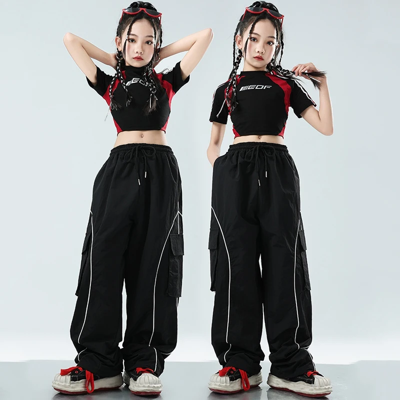 

New Hip Hop Dance Costumes For Girls Crop Tops Black Loose Pants Suit Children Modern Jazz Performance Stage Clothing DN17557
