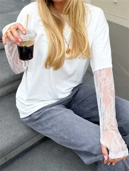 Women Casual T-Shirts Lace Long Sleeve Round Neck Shirts Spring Summer Loose Fit Tops Streetwear 1