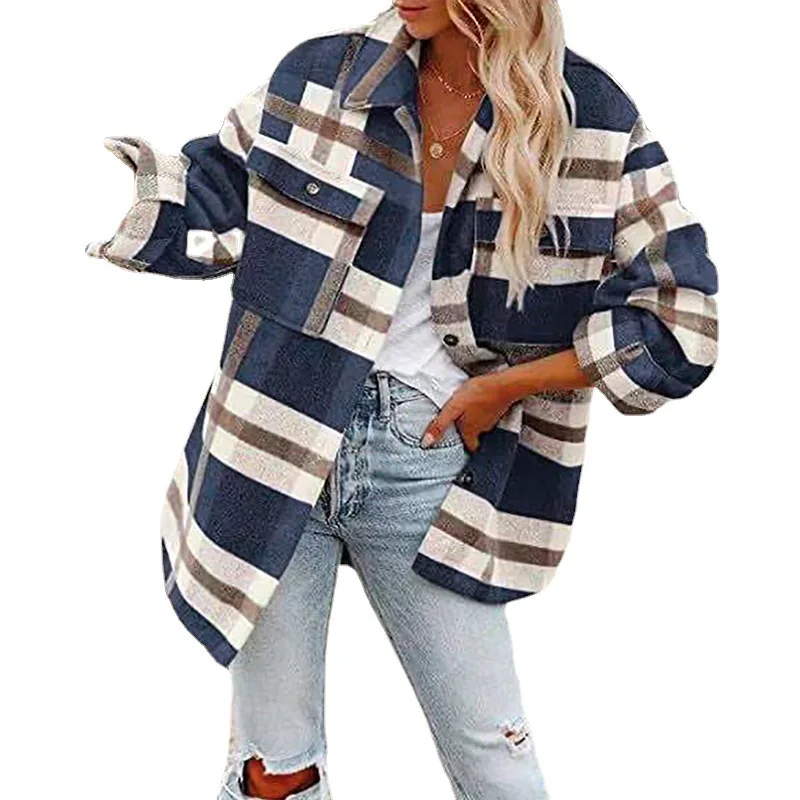 Plaid Woolen Coat Women's 2023 Autumn Winter Fashion Loose High-quality Woolen Mid-length Jacket Overcoat Women Clothing