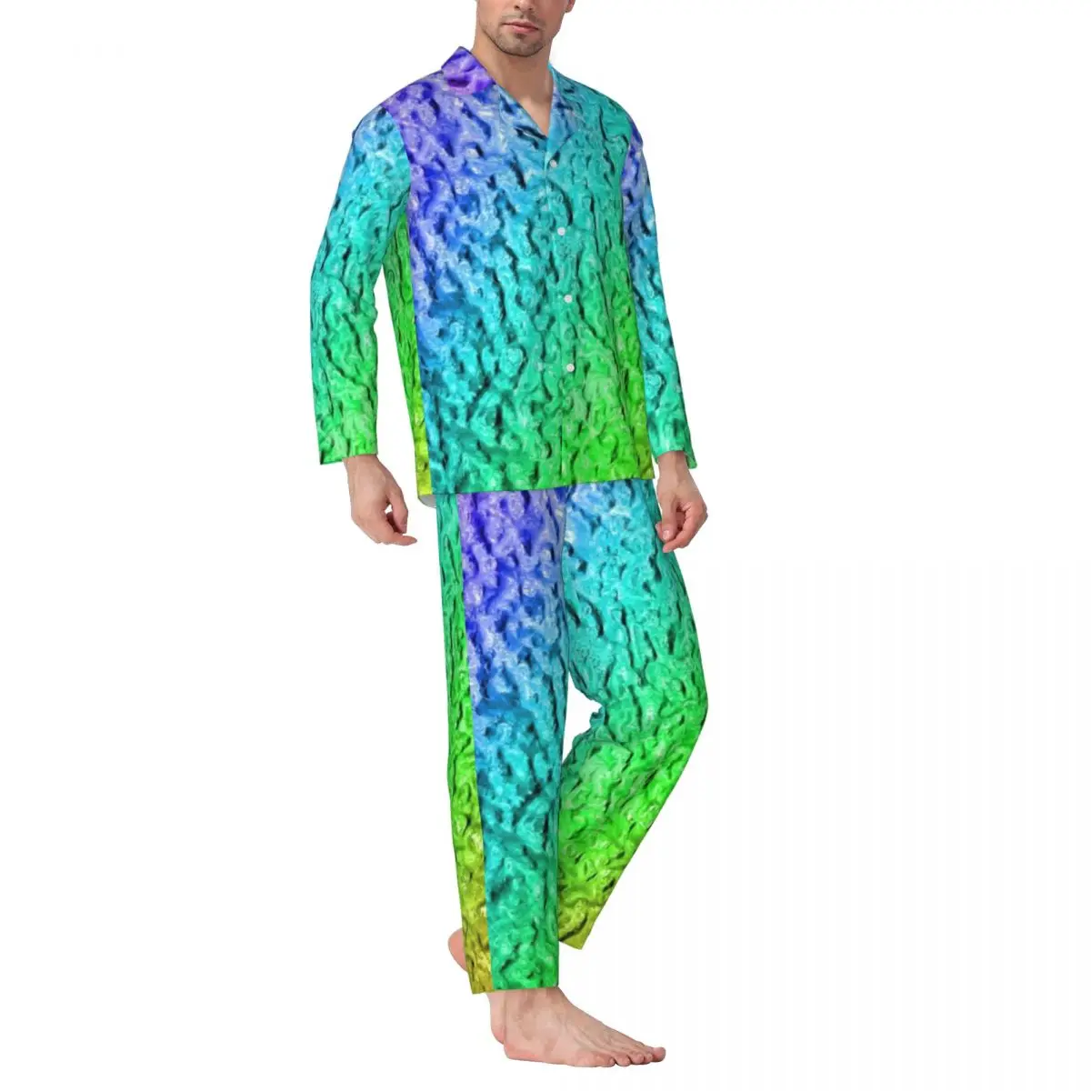 

Pajamas Men Metallic Rainbow Room Nightwear Acrylic Marble Print Two Piece Vintage Pajama Sets Long Sleeve Oversized Home Suit