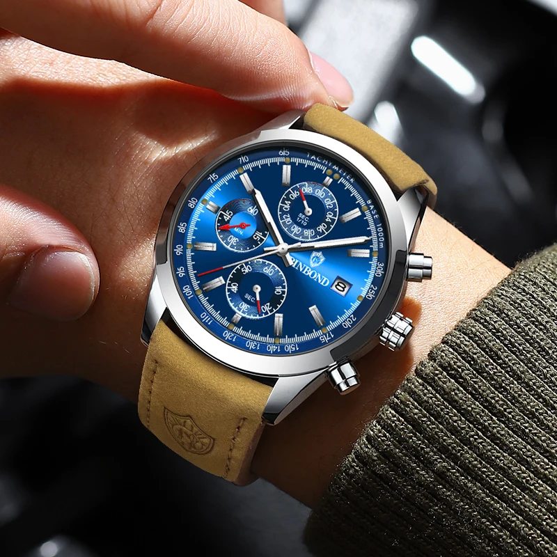 2024 New Fashion Man Watch High Quality Waterproof Chronograph Luminous Men's Wristwatch Leather Men Quartz Watches Casual Clock