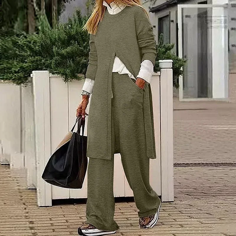 

New Spring Autumn Long Sleeved Casual Outfit Lady O Neck Commuting Pocket Suits Women Solid Color Slit Long Blouse Two Piece Set