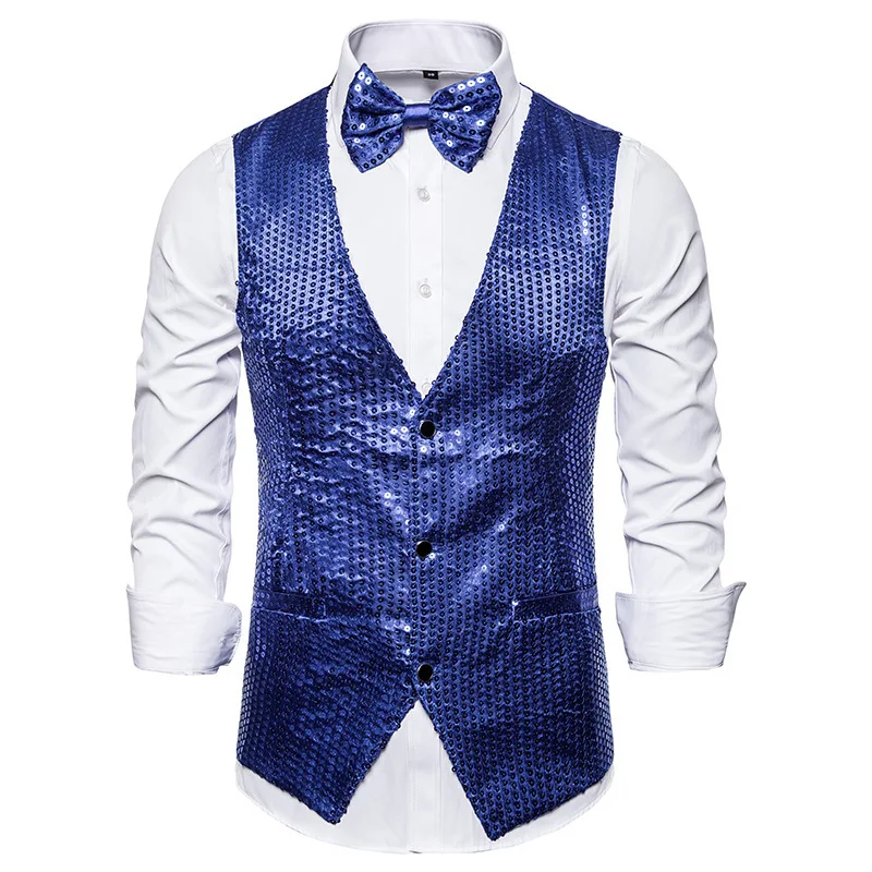 Sleeveless Vests for Men Paillette Homme Steampunk Shiny Gold Sequin 2 Pieces Mens Vest with Bowtie Party Stage Prom Waistcoat 4