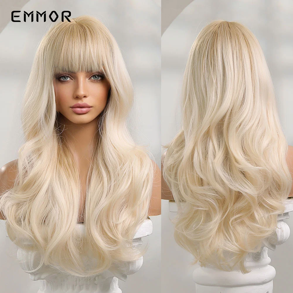 Emmor Synthetic Ombre Blonde Platinum Wigs Long  Wavy Wig  for Women with Bangs Party Daily Heat Resistant Fibre Hair Wigs
