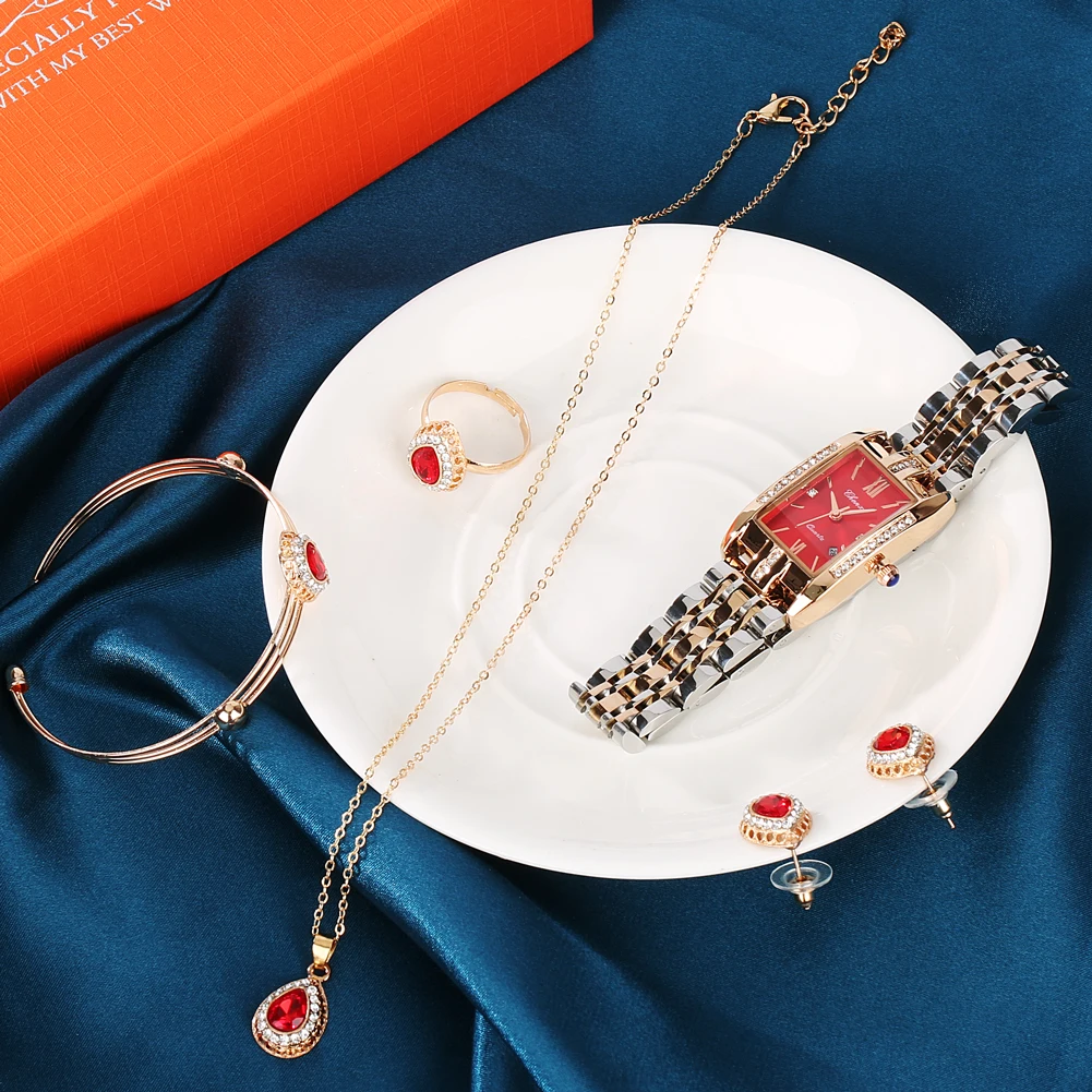 New Fashion Quartz Wrist Watch for Women Luxury Necklace Ring Jewelry Gift Box for Ladies Elegant Watches Set Reloj De Mujer