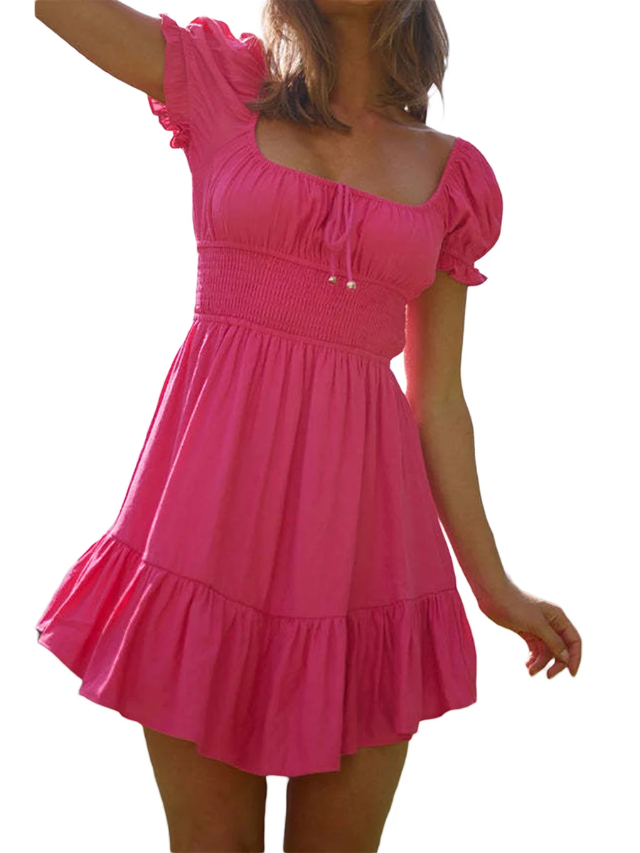 

Women Summer Casual A-line Dress Solid Color Square Neck Lantern Sleeve Mini Dress Fashion Ruffles Hem Backless Dress for Daily