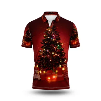 Full Print Christmas Tree Polo Shirt For Men Fashion Design Oversized Button Collar Polo Shirts Clothes Mens Xms Party Tee Shirt