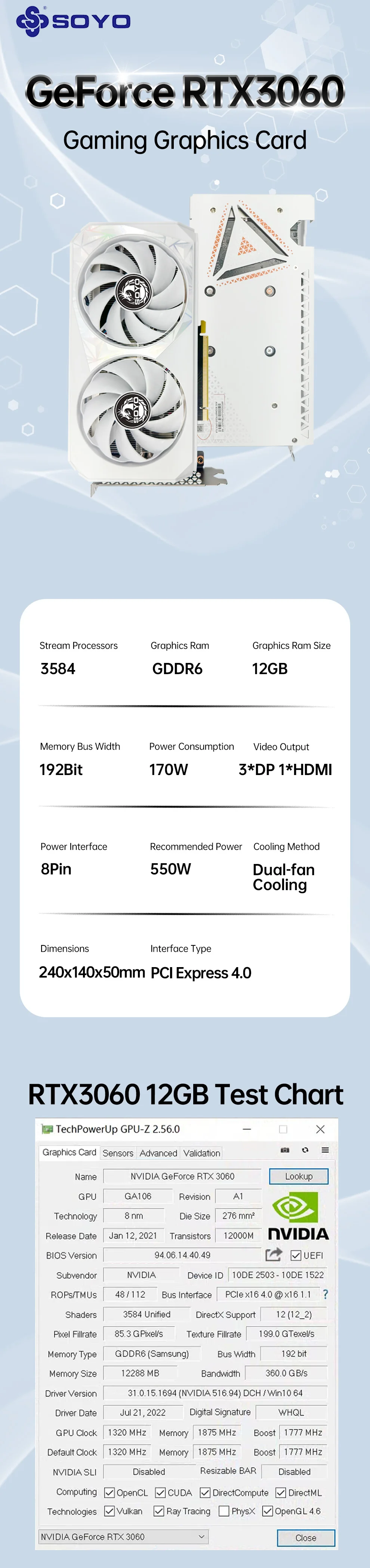 Description Picture 3 of itemSOYO New RTX3060 12G gaming graphics card GDDR6 memory GPU PCIEx16 4.0 HDMI compatible DP suitable for desktop computer video