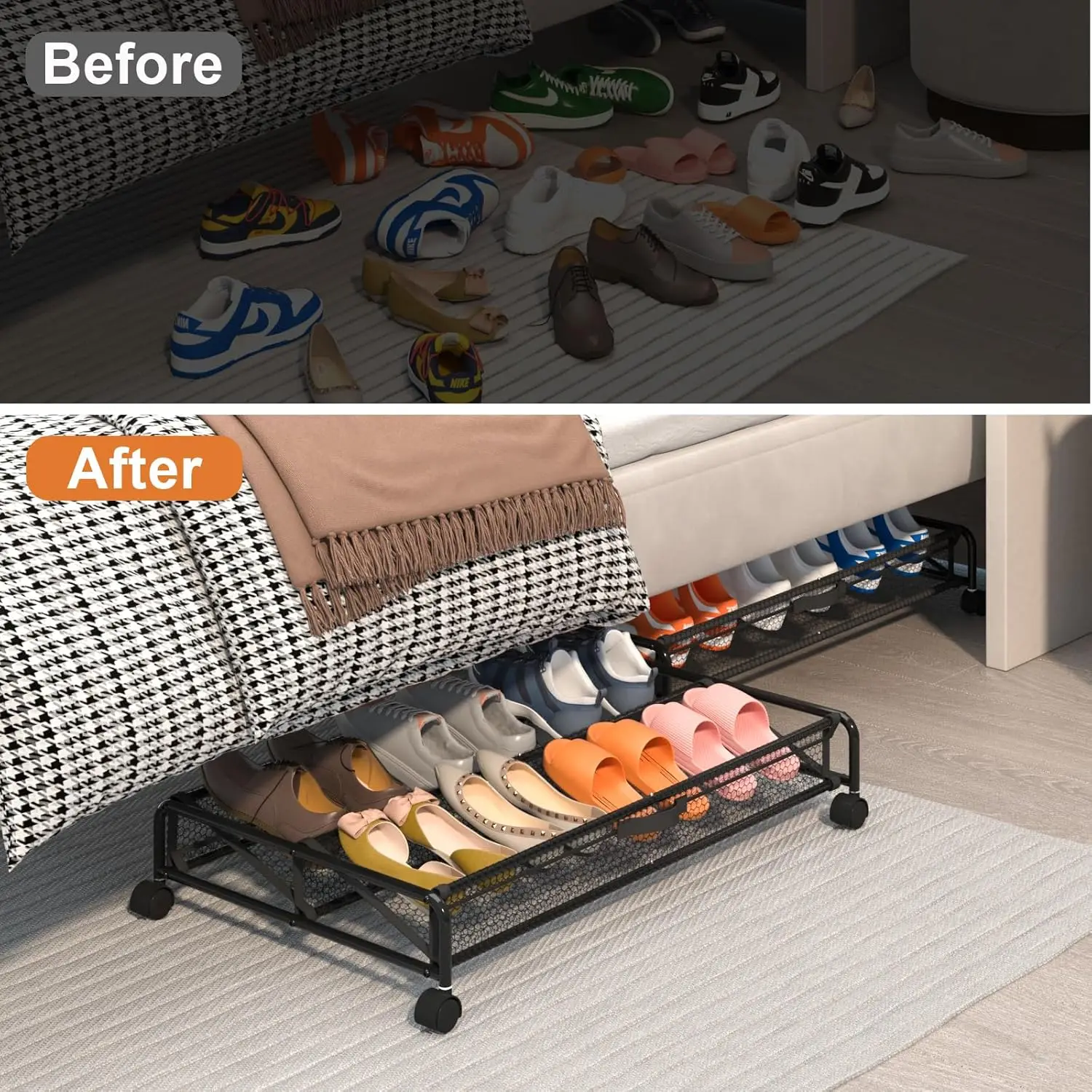 Under Bed Shoe Storage with Wheels, 2 Pack Rolling Under Bed Storage Containers for Shoes Metal Shoe Rack Organizer