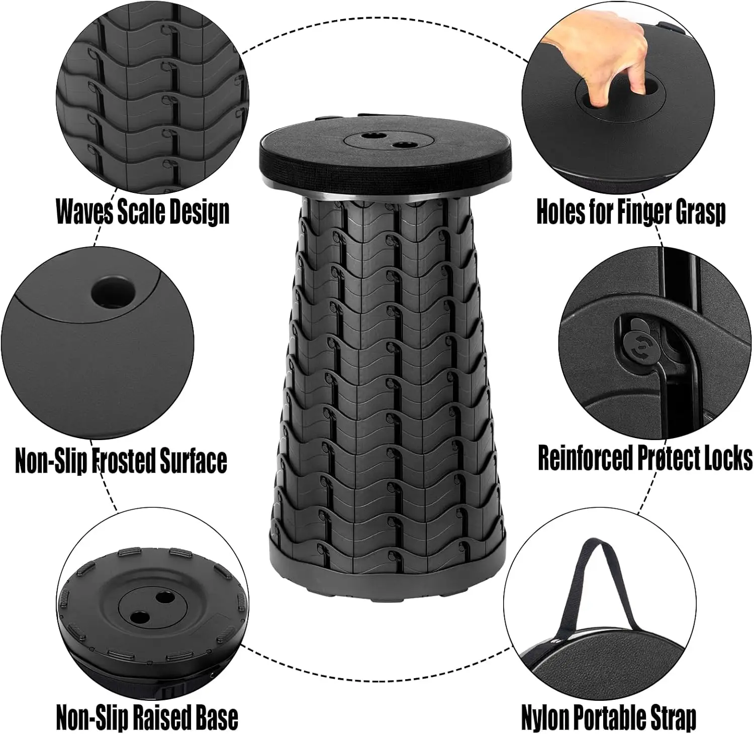 Adjustable Folding Stool 6.5-45cm Lightweight Portable for Outdoor Fishing BBQ Travel Supports 397lb/180kg