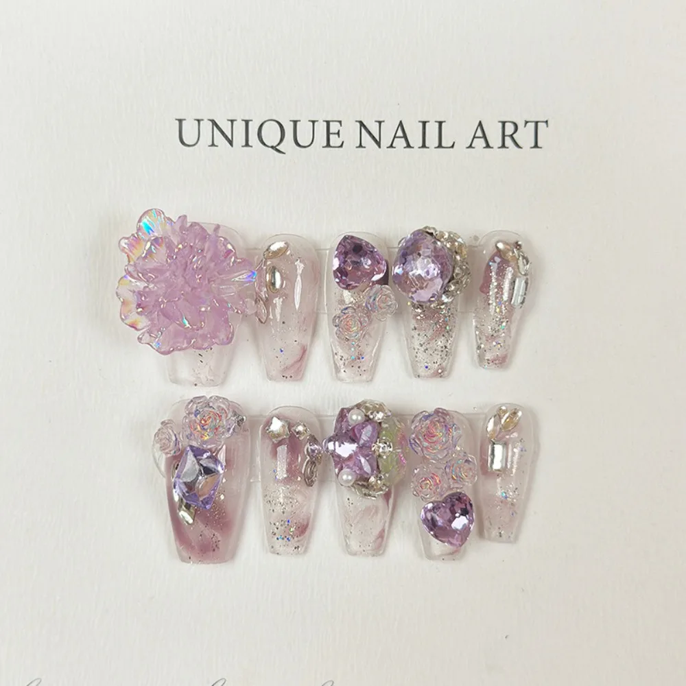 

Handmade Manicure Wearing Purple Flower Smudged Ice Transparent Full Diamond Manicure Patch Finished Product Is Detachable