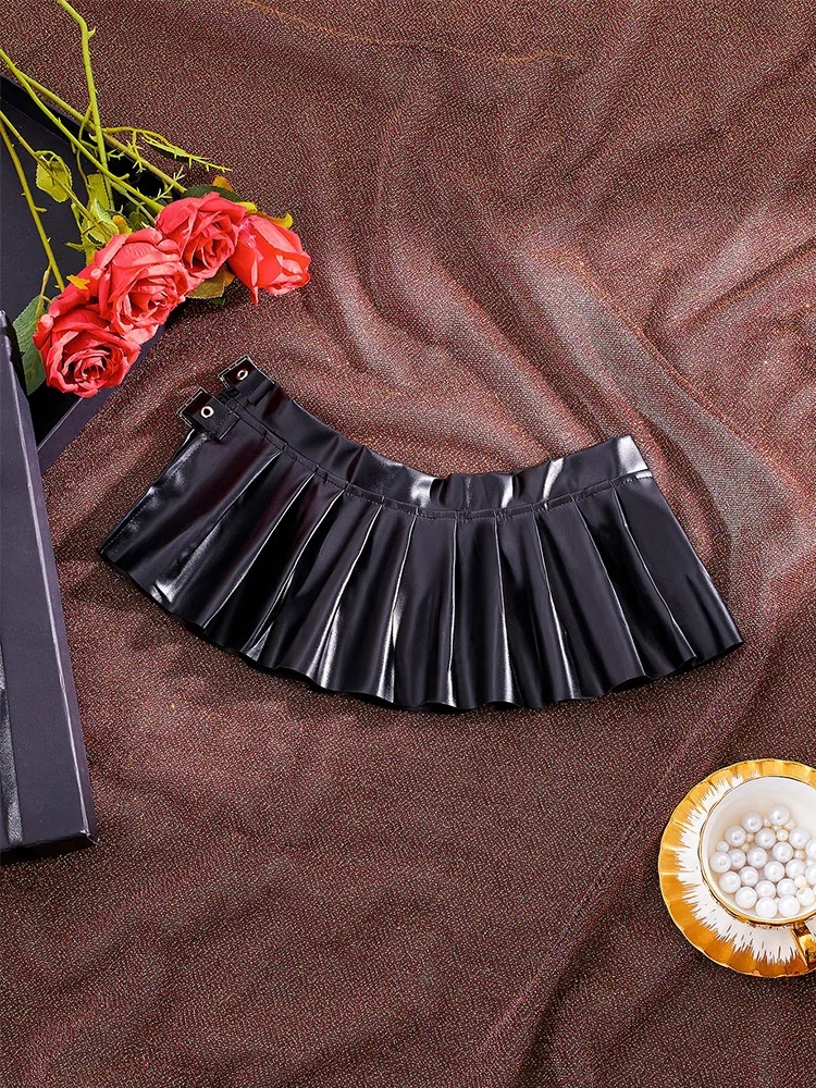 Sexy PU Leather Pleated Skirt Women Solid Basic Mini Skirt Low Waist Skirt Female Nightwear Micro Bikini Skirts Nightclub Skirts 6