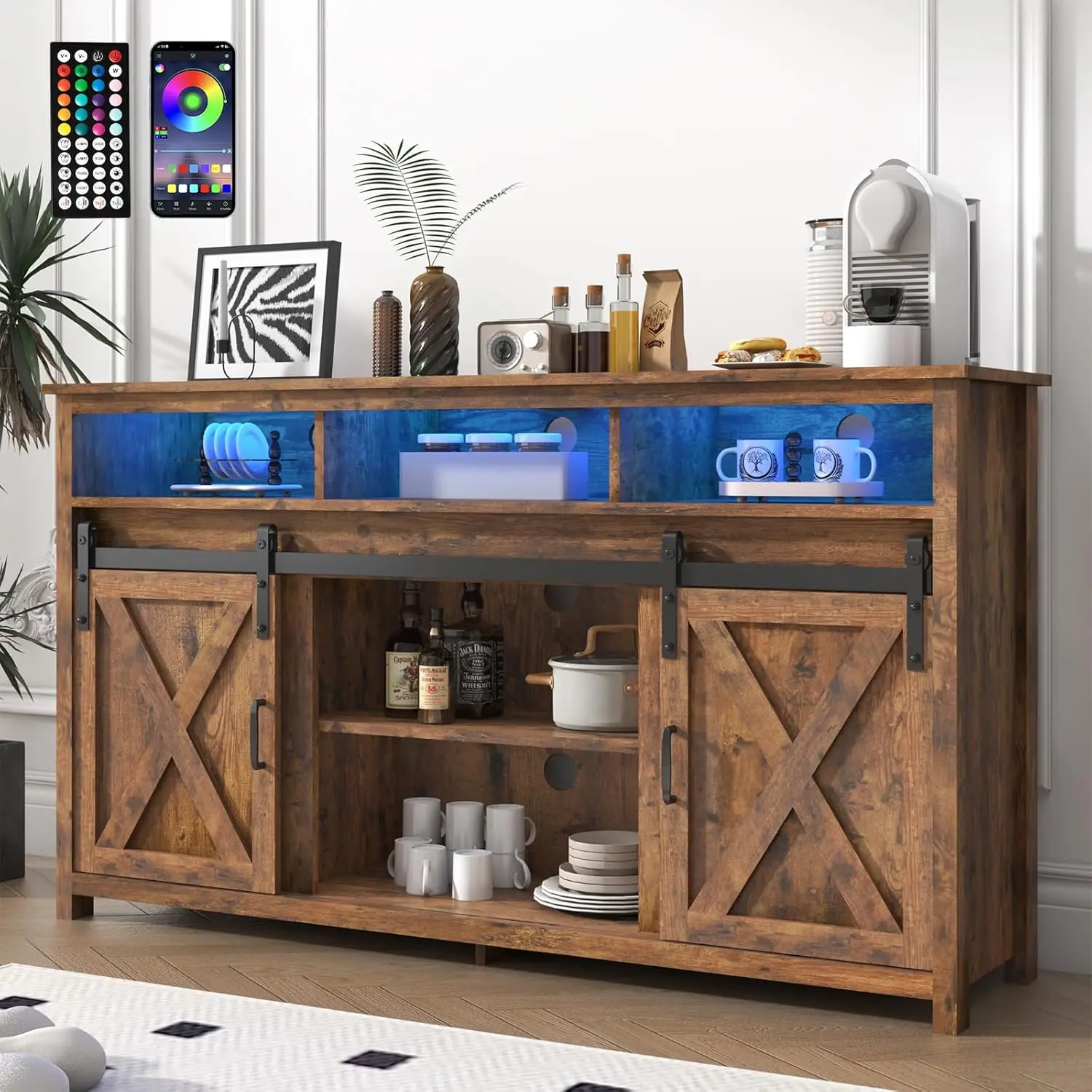 Farmhouse Coffee Bar Cabinet with Power Outlet, Rustic Sideboard Buffet Storage Cabinet with Storage