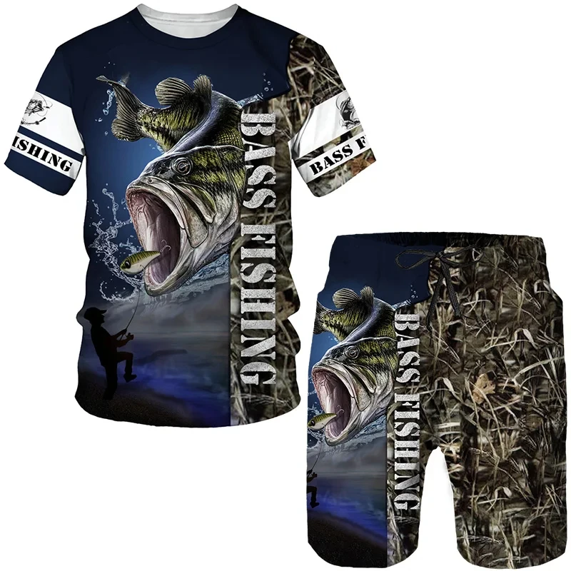 Men's Outdoor Fishing Print Shorts 2Pcs Sets Vintage 3D Print Two Piece Suit O-neck T shirt Fashion Male Sweatshirt  Clothes 3