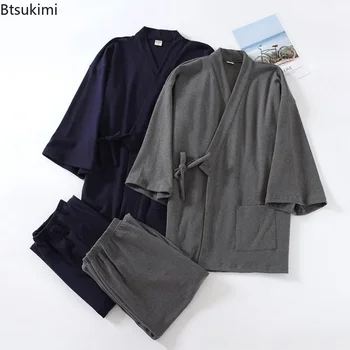 Men's Traditional Japanese Pajamas Sets Fashion Two-sided Plush Thicker Warm Housewear Men Kimono Tops and Pants Nightgown Sets