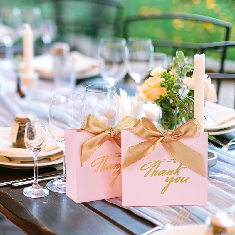 24Pcs Pink Thank You Candy Bags Wedding Favors Chocolates Gift Packaging Paper Box Birthday Party Baby Shower Decor Supplies