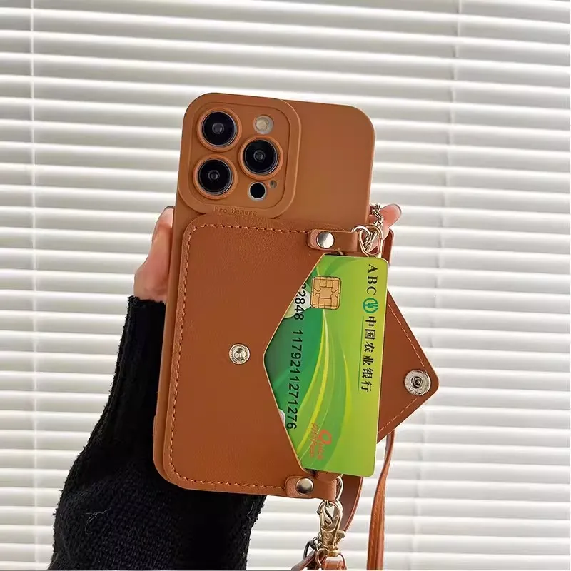 Elegant Leather Crossbody Lanyard Hand Strap Card Case Cover