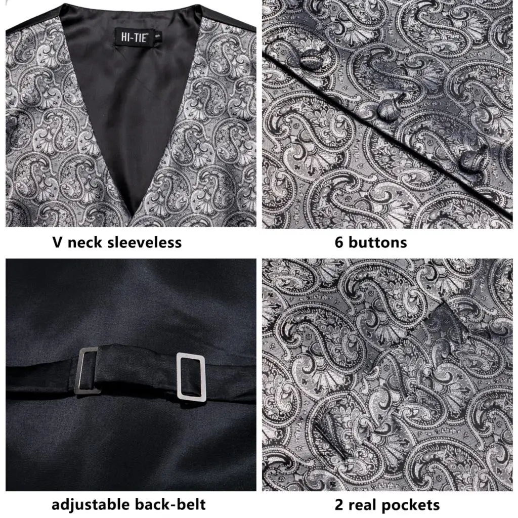 Silk Mens Vest Tie Set Jacquard Paisley Floral Sleeveless Jacket Slim Suit Waistcoat Necktie Hanky Cufflinks Wedding Business