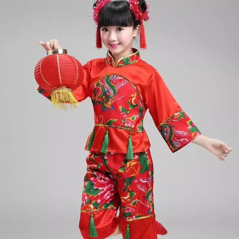New Year Red Hanfu children's Girls Traditional Suit National Younger Style Clothing Fan Yangko Stage Dancing Clothes Costumes