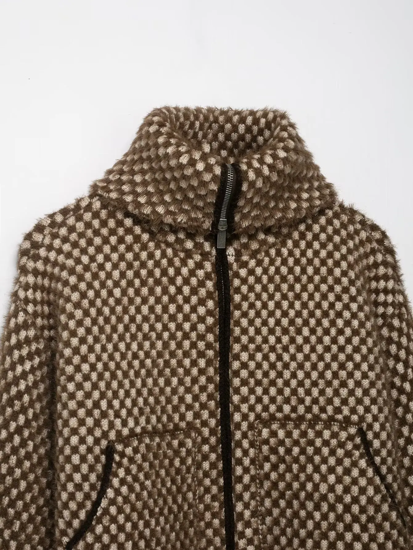 Women Thousand Bird Plaid Short Jacket Female High Collar Artificial Fur Effect Zipper Jacket Lady Long Sleeve Jacket Streetwear