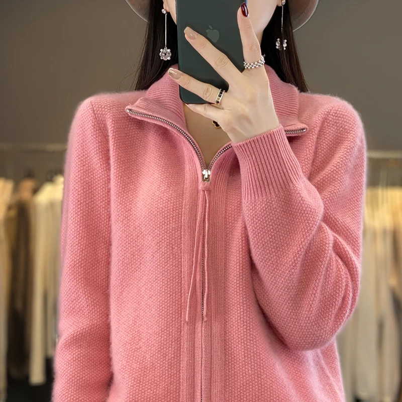 100% Merino wool sweater Autumn winter new women's lapel double zipper shirt fashion solid color knitted warm base shirt top 5
