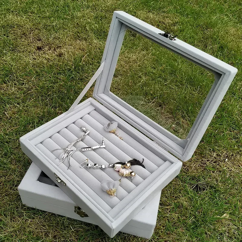 New Jewelry Storage Box with Transparent Flip Cover Ring Earring Necklace Bracelet Jewelry Display Case Velvet Jewelry Show Prop