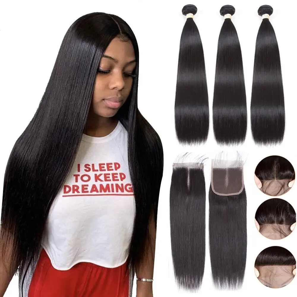 Sapphire – tissage en lot brésilien Remy avec Closure, cheveux naturels lisses, 30 pouces