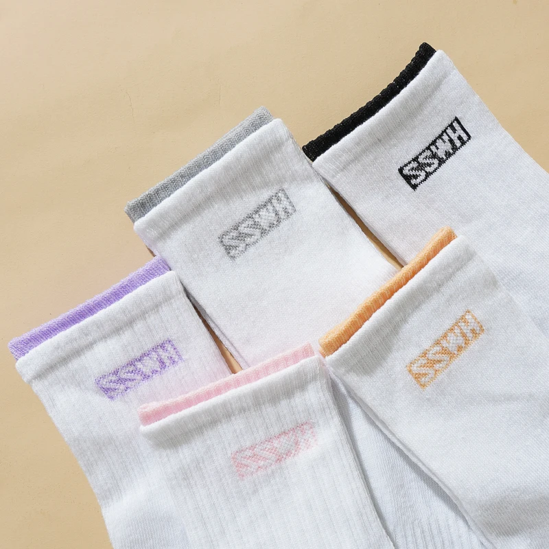 5 Pairs Women's Middle Tube Socks Cotton Blends Striped Breathable Solid Color Casual Sock White Double Cuffs Letter Sock