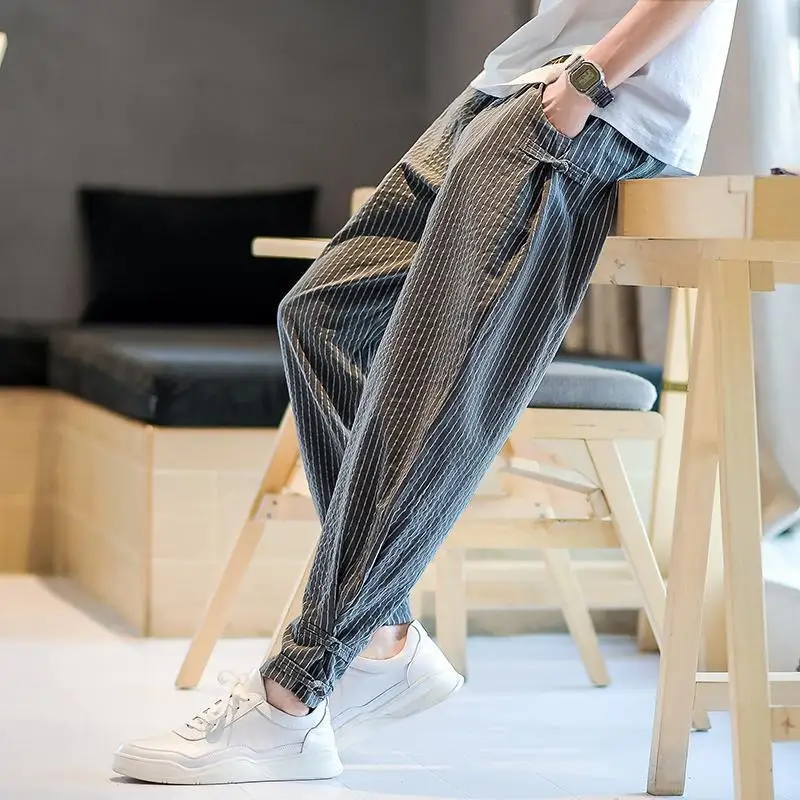 New 2024 Summer Boyfriend Thin Patchwork High Waited Elasticized Striped Pocket Drawstring Versatile Loose Sports Casual Pants