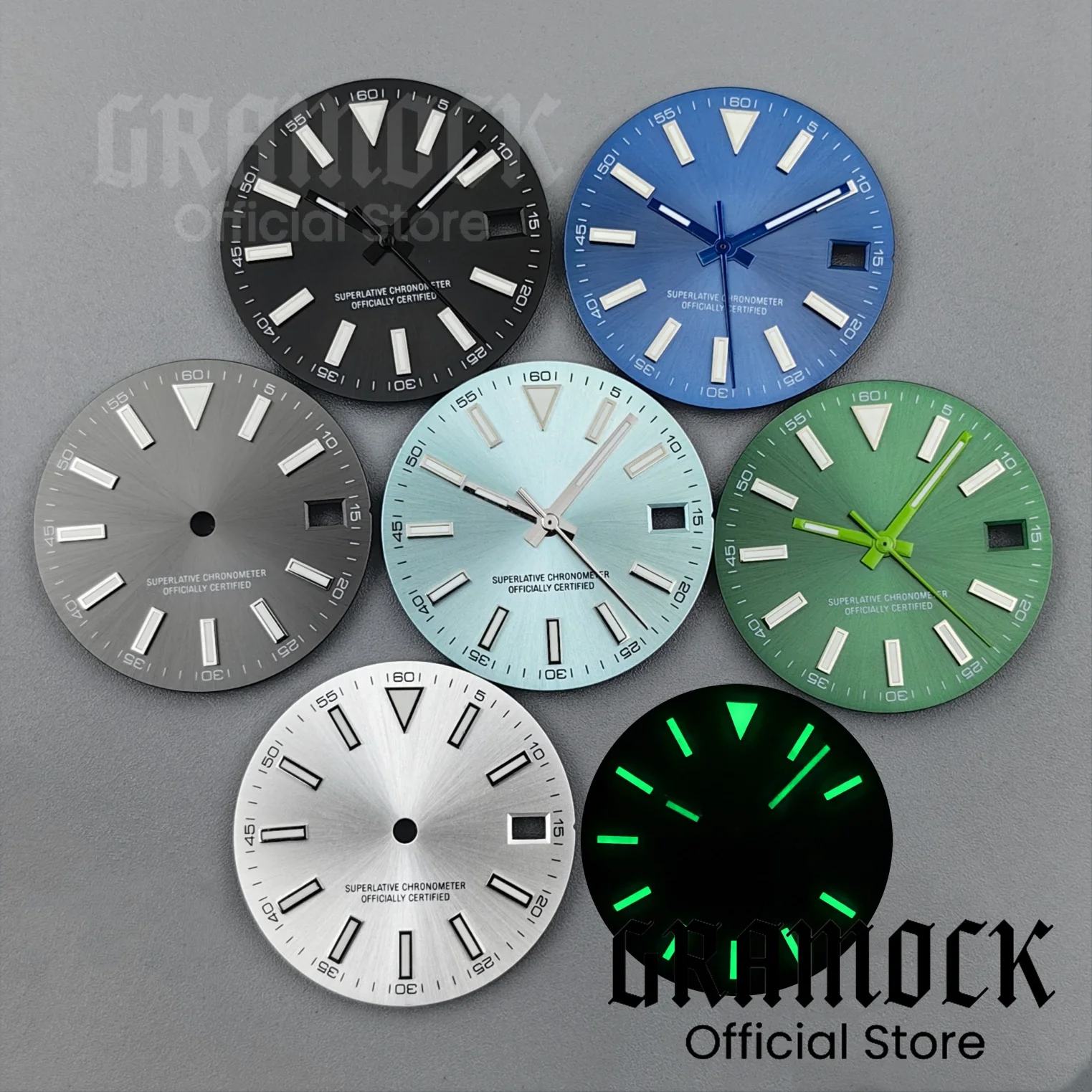 Sunburst Green-Blue-Black Luminous Watch Dial & Hand Set with Single Date Feature